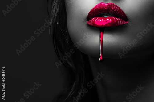 A close up of a woman face in grey style. black and white portrait of a girl with red lips and dripping red liquid of her mouth.