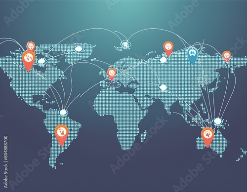 world map with nodes symbolizing hubs connecting various locations worldwide, facilitating communication, transportation and interaction across different regions and continents.