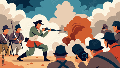 In the midst of a cloud of smoke a photographer captures the intense expressions of soldiers as they storm a replica barricade during a reenactment of. Vector illustration