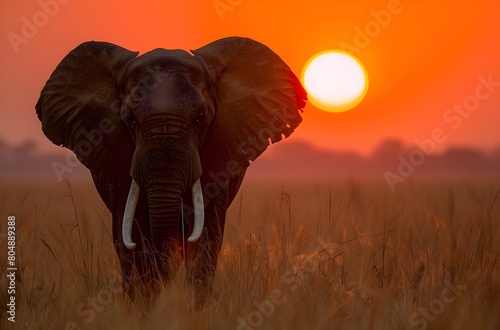 Majestic elephant silhouette against vibrant African sunset in the savanna