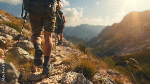 A group of hikers making their way up a steep mountain trail, carrying backpacks and walking in a line