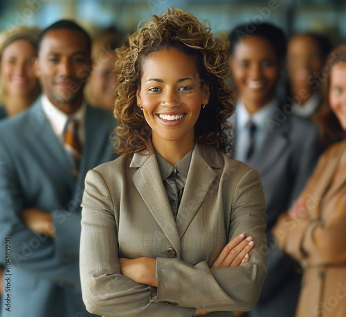 A diverse group of businesspeople standing in an office, smiling and looking confident with their arms crossed, ready to work together, with the background blurred to emphasize the people.