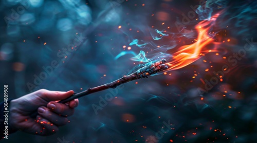 A hand holds a illuminated wand against a blurred magical background