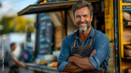 A man standing in front of his food truck smiling with his arms crossed, wearing an apron and a blue shirt.