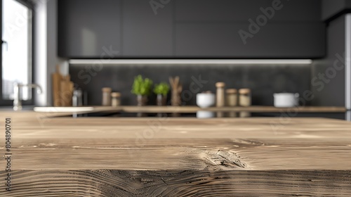 Selective focus on wooden kitchen island. empty dining table with copy space for display products. clean countertop for cooking healthy food against blurred furniture, modern style. Generative Ai