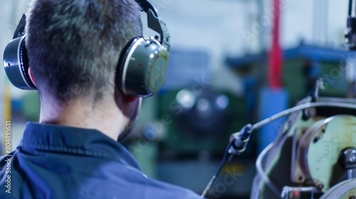 Technician wearing ear protection near loud machinery, close view of ear muffs and machinery, detailed focus. 