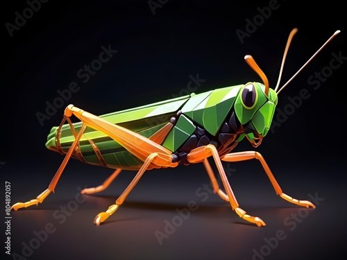 3d low poly green neon theme macro of a grasshopper black background animal monster character mammals.