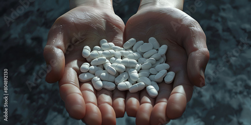 human hand holding white beans, A close up of a man with a crazed expression holding a bunch of white pills in his hands.