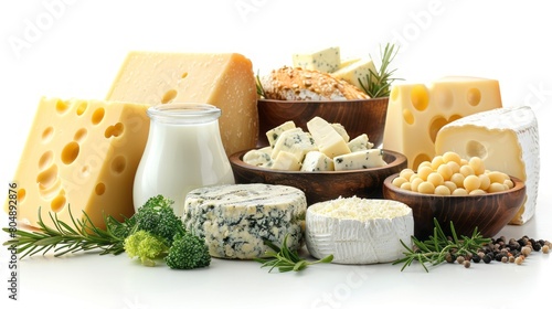 Assorted types of cheese and dairy products on white background