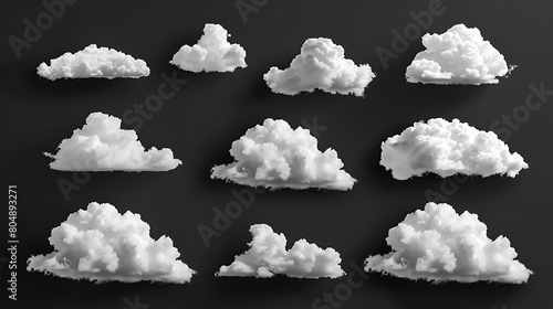 White clouds collection isolated on black background, cloud set on black. Generative Ai