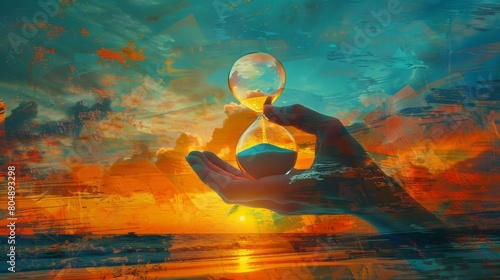 Artistic interpretation of time slipping away with a man's hand holding an hourglass, sunset and beach digitally imposed behind