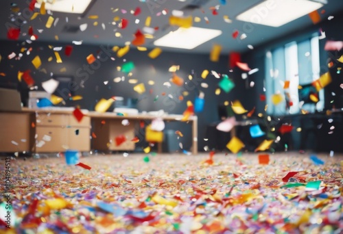'Interior New Year party confetti office after aftermath armchair background celebrate celebration chaos christmas corporate december dirty enjoyment event furniture holiday indoor jo'