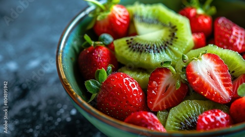 A bowl filled with ripe kiwi and vibrant strawberries, creating a colorful and appetizing display of fresh fruits