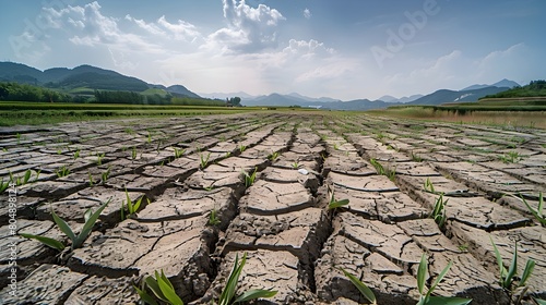 Cracked Parched Earth in Rural Farmland Highlighting Climate Change Impacts