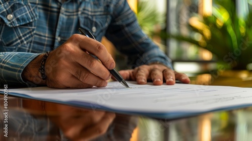 Close-up of a technology specialist signing off on a software update release document in a DMS, shot with a 50 mm lens, F 20 Background reserved for tech updates text