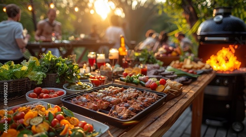 A group of friends having a barbecue in the backyard. There is a grill full of food, and people are sitting around the table, talking and laughing.