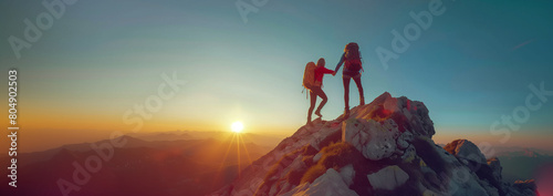 Hikers climb helping each other hike up a mountain at sunrise.Helps and team work concept