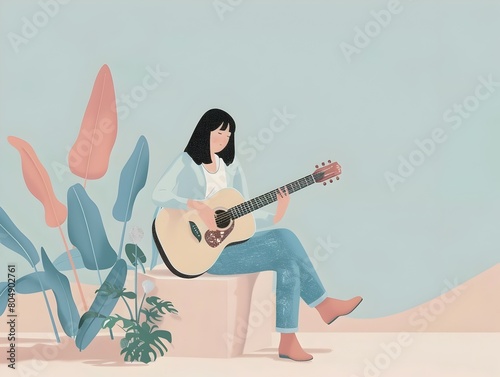 Pensive Musician Serenely Strumming Acoustic Guitar in Minimalist Pastel