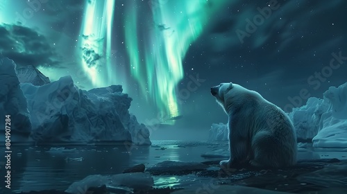 Struggling Polar Bears Amid Melting Arctic Glaciers and Aurora Borealis Lights