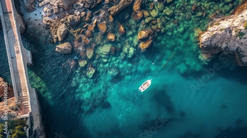 Aerial view of a small fishing boat near the stone breakwater at an island in Oceania in crystal clear turquoise water on a sunny day, in the style of National Geographic photography.