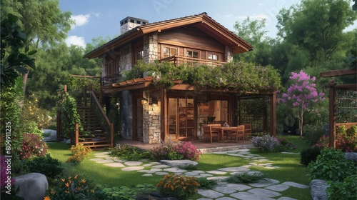 A beautiful twostory wooden house with stone walls, surrounded by greenery and flowers, features an outdoor terrace overlooking the garden,Generative AI illustration.