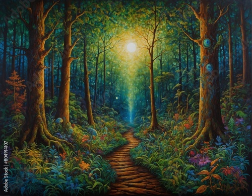 Majestic trippy fantasy forest landscape at sunset with tall trees and many beautiful flowers 