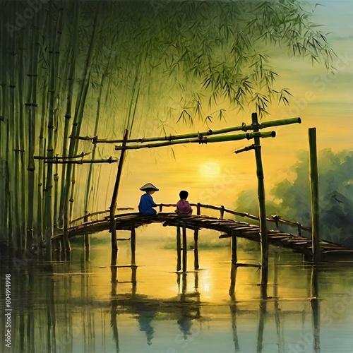 Drawing of a bamboo bridge and people. Generative AI