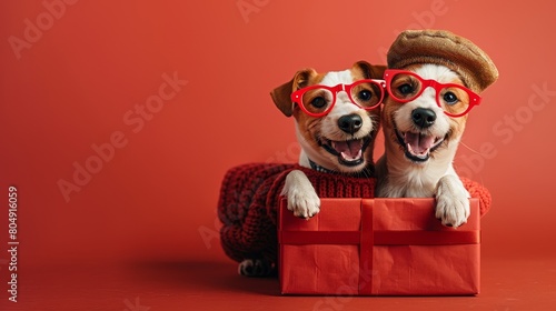  Two Jack Russell Terrier wearing toy glasses and a beret hat popping out of a gift box!, solid background,Jack Russell Terrier