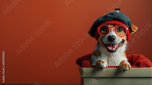  A smiling Jack Russell Terrier wearing red glasses and a beret hat popping out of a gift box!, solid background,Jack Russell Terrier
