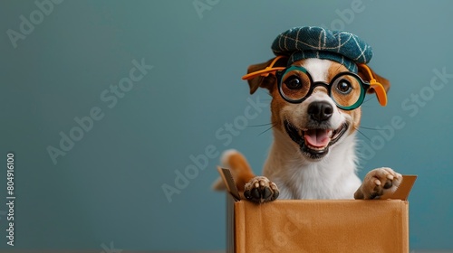  A smiling Jack Russell Terrier wearing toy glasses and a beret hat popping out of a gift box!, solid background,Jack Russell Terrier
