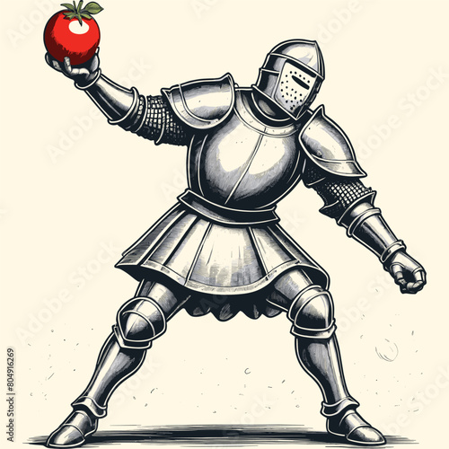 Knight Throwing Tomato and Wearing Medieval Armor Engraved Style