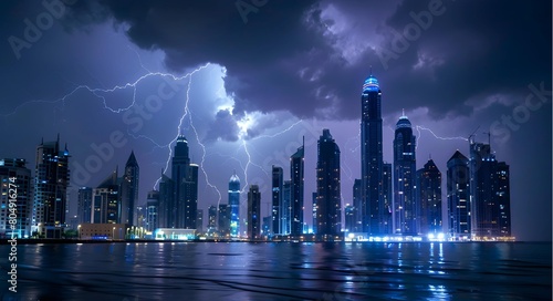 A dramatic lightning storm illuminating the night sky over a city skyline