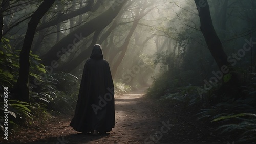 Mysterious dark forest with fog and a woman in a black cloak