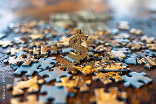 Creative setup of puzzle pieces scattered around a golden dollar sign centerpiece, suggesting the assembly of wealth