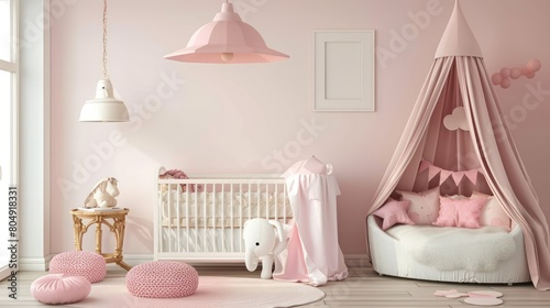 Delicate and elegant nursery set in a pink tone with soft plush toys and comfortable furnishings for a child's room