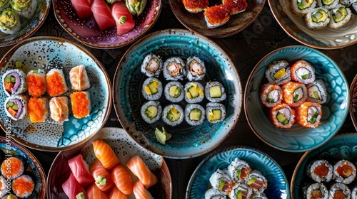 A selection of colorful ceramic dishes filled with sushi rolls each one a work of art.