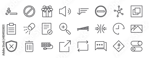 user interface editable line icons set. user interface thin line icons collection. voice message, forbbiden, giftbox, medium volume, sort down, subtraction, connectivity vector illustration.