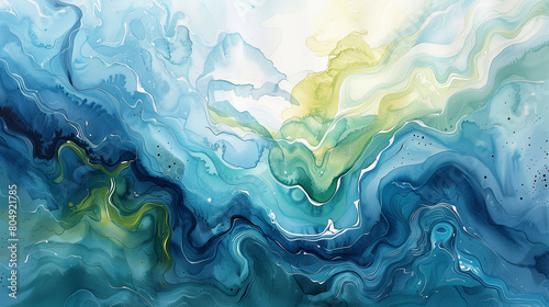 An abstract watercolor painting with swirling blues and greens, Generative AI