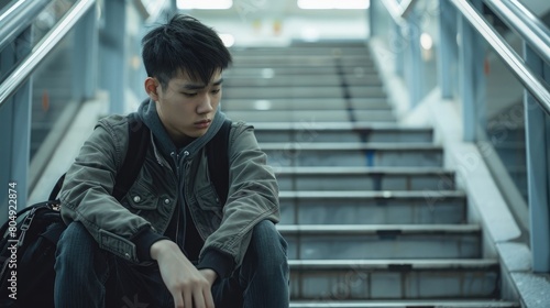 An upset Asian teenage boy student sits on a stairway at the campus with a backpack beside him. He appears deep in thought, likely dealing with the issue of