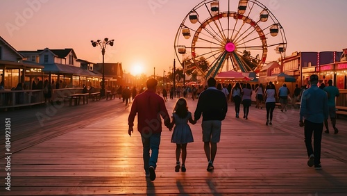 Couple walking on the boardwalk at sunset with a ferris wheel