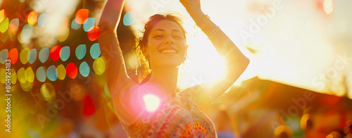 Joyful woman with arms raised celebrating during a colorful outdoor festival, filled with sunlight and happiness.