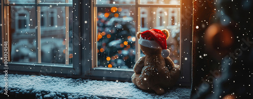A plush teddy bear in a Santa hat sits by a snowy window, evoking a festive mood.