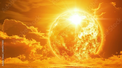 An intense heatwave depicted by a scorching hot sun, symbolizing climate change and global warming issues