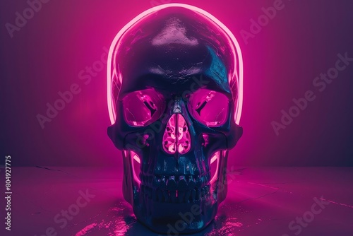 Art installation of a skull illuminated by neon pink lights, casting spooky shadows in an otherwise dark room