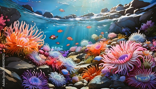 Generate a photorealistic image of a rock pool teeming with colorful sea anemones, crabs,