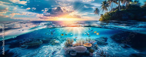 A stunning underwater panorama of a coral reef bustling with colorful fish and sunlit waters near a tropical island.