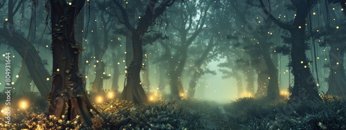 Enchanted forest with towering trees and magical creatures background 3d style.