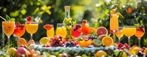 A vibrant array of summer drinks beautifully arranged on a garden table surrounded by green foliage.