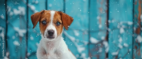 portrait of a little puppy Jack Russell Terrier dog on the background of blue boards with a snow branch