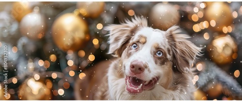 Portrait of cute smiling red merle australian shepherd with different eyes.Sheepdog outdoors with merry Christmas and happy New Year decorations.White funny aussie dog outside on snowy winter day